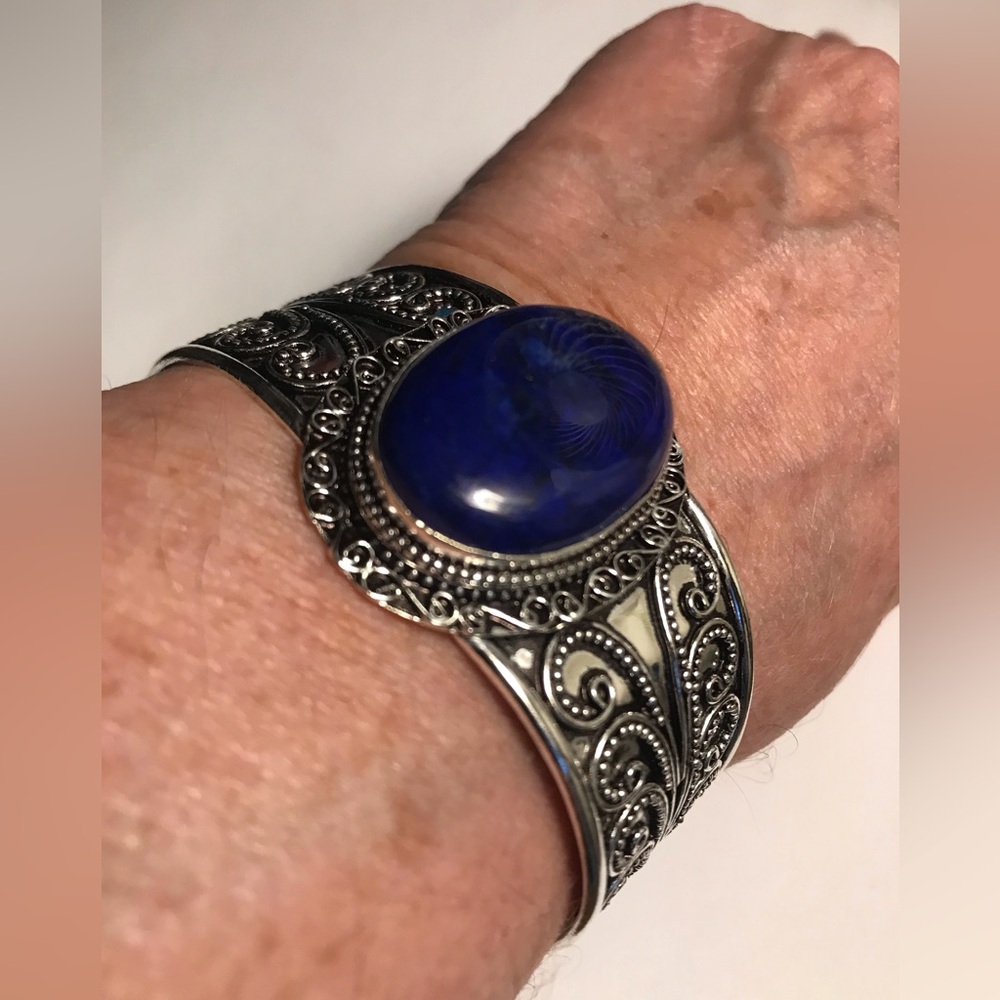 Lapis Lazuli Stamped 925 Sterling Silver Cuff Bracelet